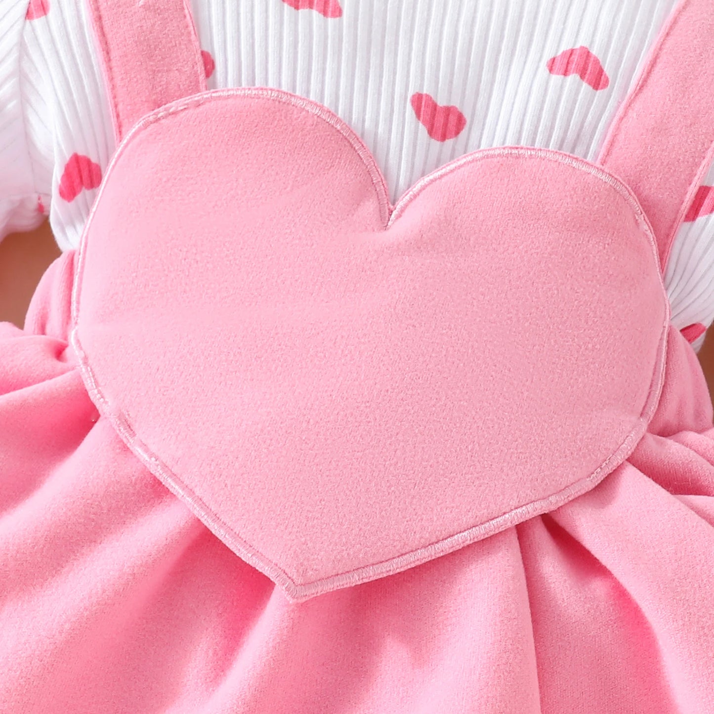 2 Pcs Baby Sweet Love Heart Fake Strap Long Sleeve Triangle Climb Dress Baby Girl Valentine's Day Triangle Onesie Dress+Bow Head