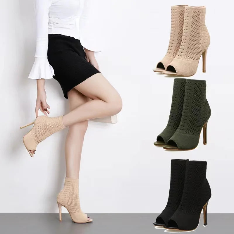 Fashion Ladies Peep Toe Stretch Fabric Knitting Ankle Boots Small Hole Hollow Out Breathable Dress Women High Heels Dance Shoes