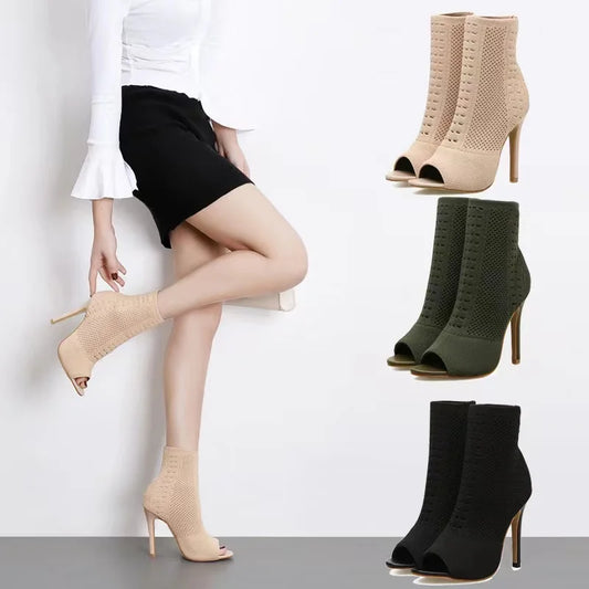 Fashion Ladies Peep Toe Stretch Fabric Knitting Ankle Boots Small Hole Hollow Out Breathable Dress Women High Heels Dance Shoes