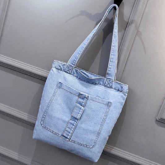 Fashion Women Large Capacity Shoulder Bags Wild Casual Handbag Street Canvas Denim Shoulder Bag Solid Color Zipper Shopping Bag