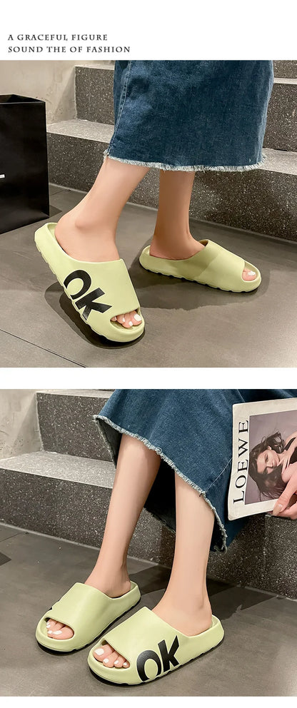 Soft Thick Soled Slippers Women's Summer Fashion Wear Slippers Home Home Sandals Men's Beach Shoes Print OK