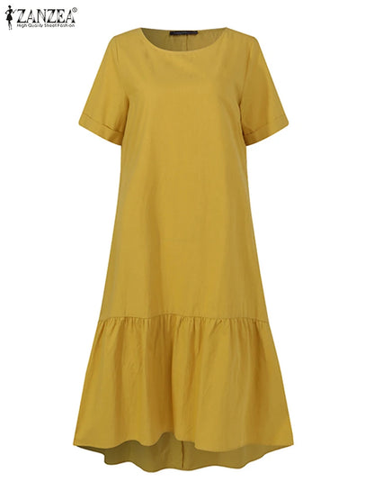 ZANZEA Women Cotton Dresses 2024 Summer Elegant Mid-calf Vestidos Casual Solid Color Short Sleeve Sundress Female O Neck Robe