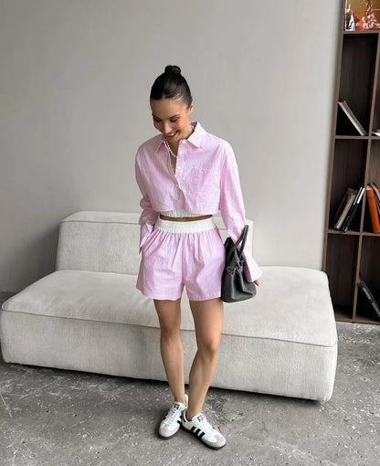 2 Pieces Set Sexy 2024 Summer Autumn Fashion Women Set Female Tops Stripe Long Sleeve Shirt Tops And Shorts Suit Matching Outfit