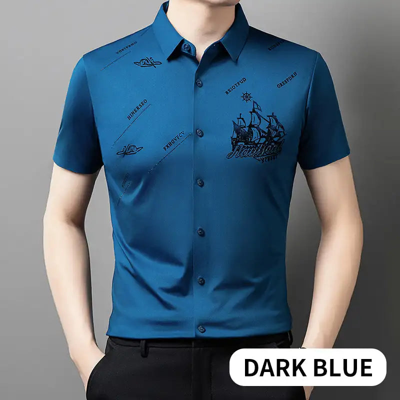 Men's Business Short Sleeves Button Down Shirt Printed High Elastic And Non Ironing Shirt High Level Business Casual Shirt