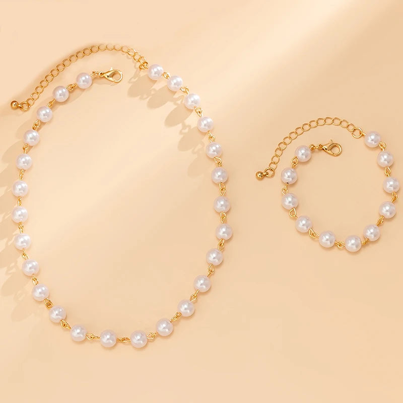 Classic White Pearl Chain Sets Necklace Bracelet Big Pearl Sets Unquie For Women Party Beach Vacation Jewelry Bijoux S003