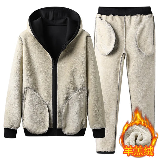 Winter Men Set Warm Thick Hooded Jacket+Pants 2PC Sets Men Lamb cashmere Hoodies Zipper Tracksuit Man Sports Suit Plus size 6XL