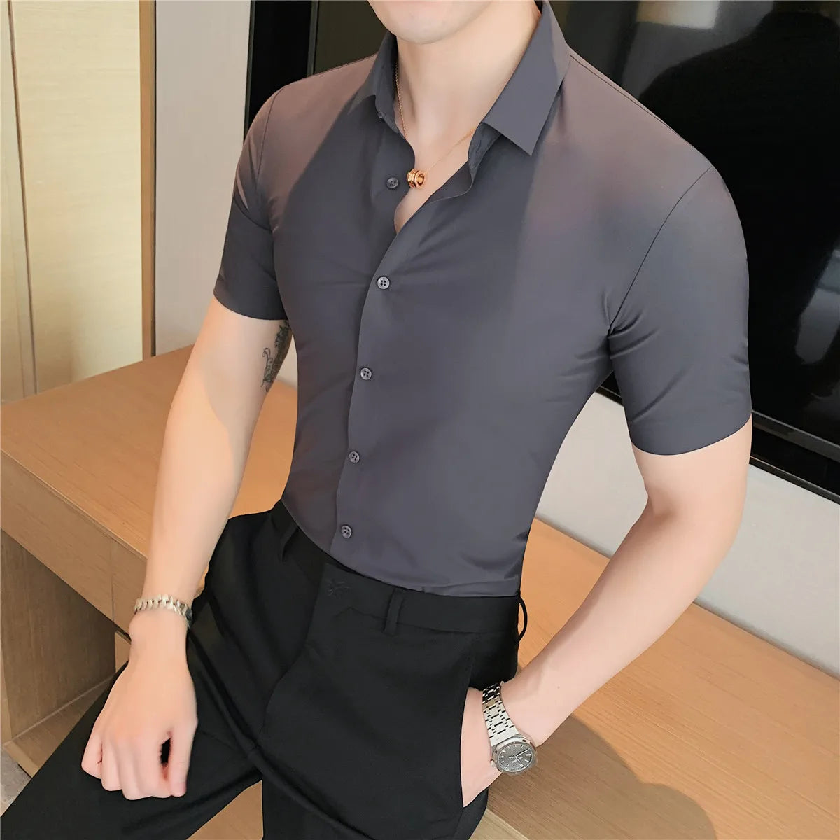 6colors High Quality New Solid High Elasticity Seamless Short Sleeve Shirts Men Slim Social Casual Business Formal Dress Shirt