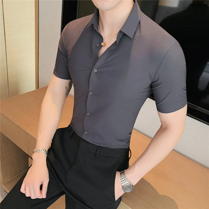 6colors High Quality New Solid High Elasticity Seamless Short Sleeve Shirts Men Slim Social Casual Business Formal Dress Shirt