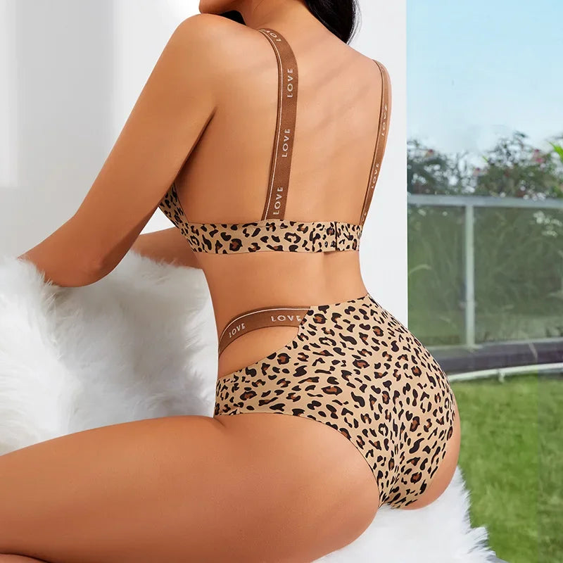 Seamless Sexy Leopard Bras Set for Women Push Up Bras Hollow Out High Elastic Waist Briefs Female Breathable Soft Underwear S-XL