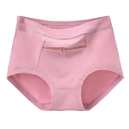 Women Underwear Solid Color Zipper Pocket High Waist Seamless Stretch Panties Cotton Middle-aged Mom Grandma Brief Underpants