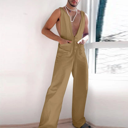 Men Jumpsuits Solid Color Deep V Neck Sleeveless Pocekts Rompers 2023 Streetwear Loose Fashion Casual Men Overalls S-5XL INCERUN