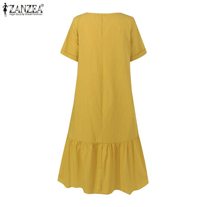 ZANZEA Women Cotton Dresses 2024 Summer Elegant Mid-calf Vestidos Casual Solid Color Short Sleeve Sundress Female O Neck Robe