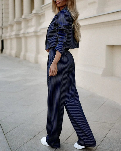 Two Piece Sets Women Striped Print Turn Down Collar Slim Fit Casual Full Sleeve Short Coats Straight Long Pants Suits Splice