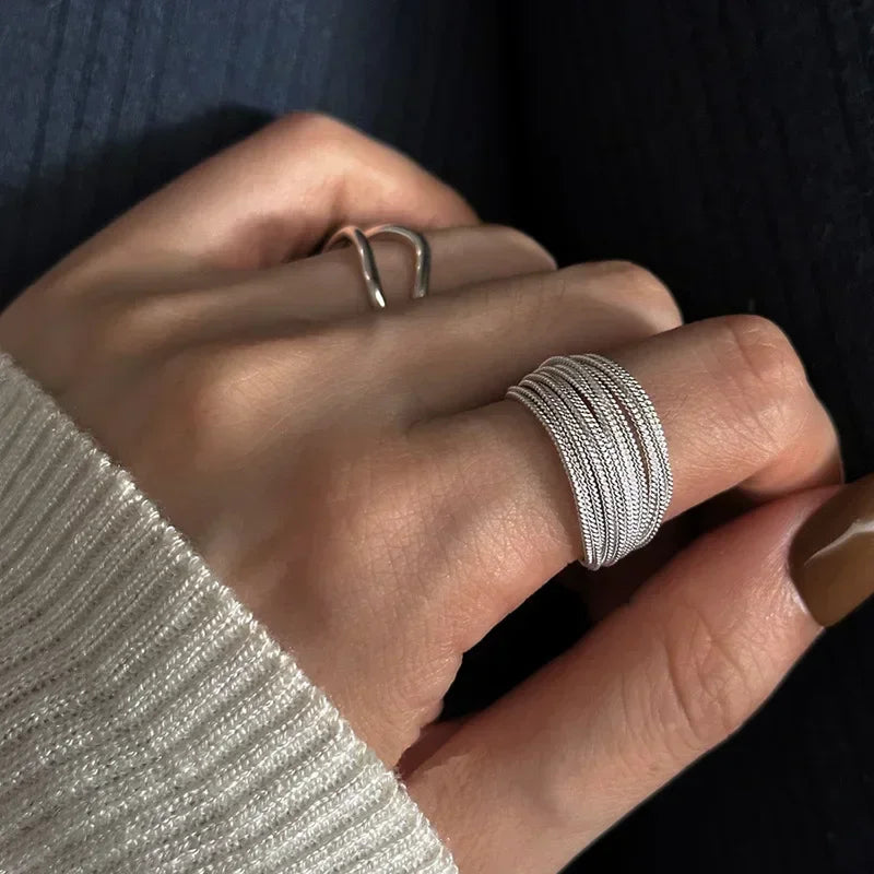 Silver Plated Unique Lines Ring For Women Jewelry Finger Adjustable  Vintage Ring For Party Birthday Gift Fashion Jewelry