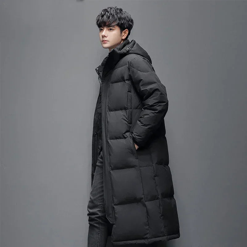 Gmiixder Unisex Warm Down Jacket Men's Thick Hooded Solid Zipper Parkas Women's Over-the-Knee Extra Long Winter Padded Jacket