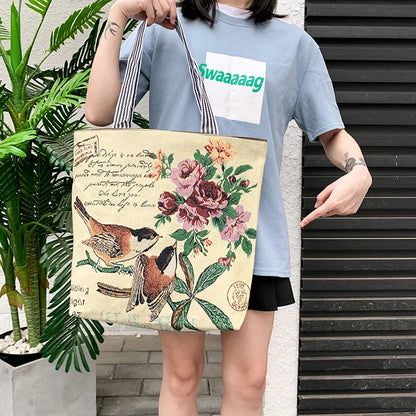 Summer Women's Canvas Cartoon Graffiti Printing Handbag Large Capacity Shoulder Beach Bag Fashion Folding Ladies Casual Tote Bag