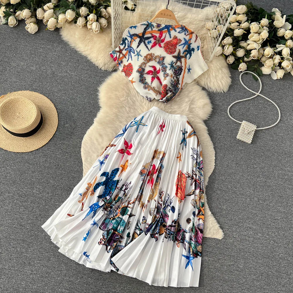 New Summer Runway Pleats Floral Print Two Piece Set Women Half High Collar Stretch Top+Elastic Waist Long Pleated Skirt Outfits