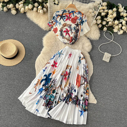 New Summer Runway Pleats Floral Print Two Piece Set Women Half High Collar Stretch Top+Elastic Waist Long Pleated Skirt Outfits