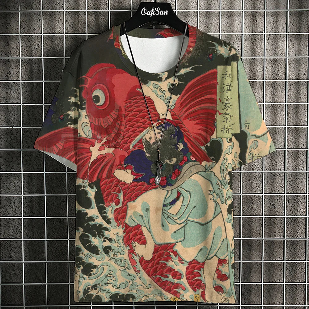 Ukiyo-E T-Shirt For Men Japanese Tshirts 3d Animal Fish Print Short Sleeve Tees Tops Casual Sweatshirt Men's Clothing S-4XL