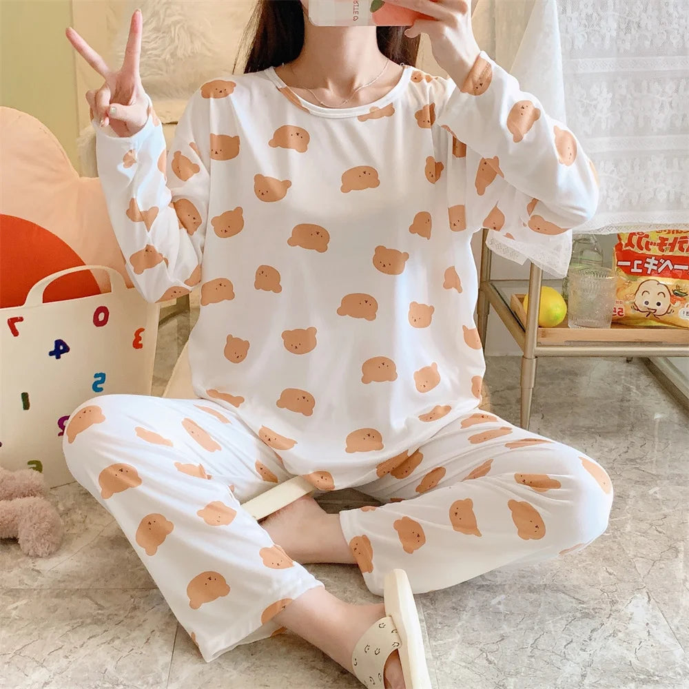 2PCS/Set Women's Clothes Spring and Fall Pajamas Long-Sleeved Cartoon Cute Sweet Floral Young Girl Homewear Outside Loungewear