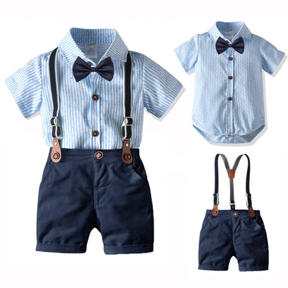 Baby Boys Gentleman Suit Summer 3-24 Months Infant Clothes Bow Newborn Striped Shirt+Suspender Shorts Boy Birthday Formal Wear