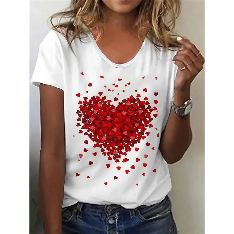 Heart Print Womens T-Shirt Valentines Day Gifts Tshirt Summer Crew Neck Short Sleeve Tops Casual Every Day Tees Women Clothing