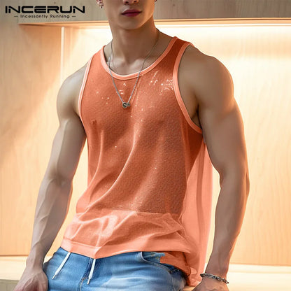 Men Tank Tops Solid O-neck Sleeve Mesh Transparent Sexy Vests Streetwear 2023 Fashion Party Casual Men Clothing S-5XL INCERUN