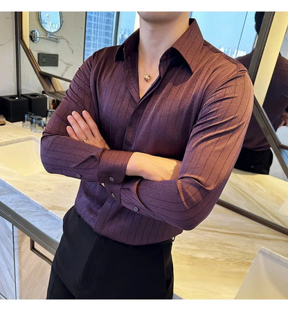 Luxury Korean Pleated Stripe Shirts For Men's High Quality Long Sleeve Slim Fit Casual Shirt Formal Social Party Tuxedo 4XL-M