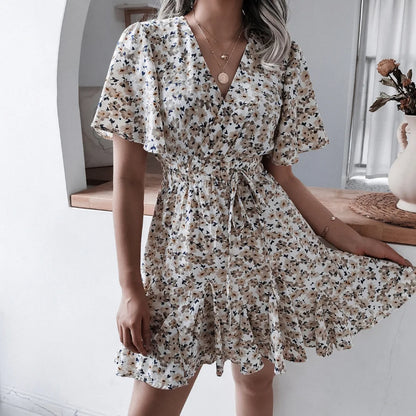 Summer 2024 new style women floral dress bubble sleeve French retro V-neck high-end chic design A-line skirt girls short dress