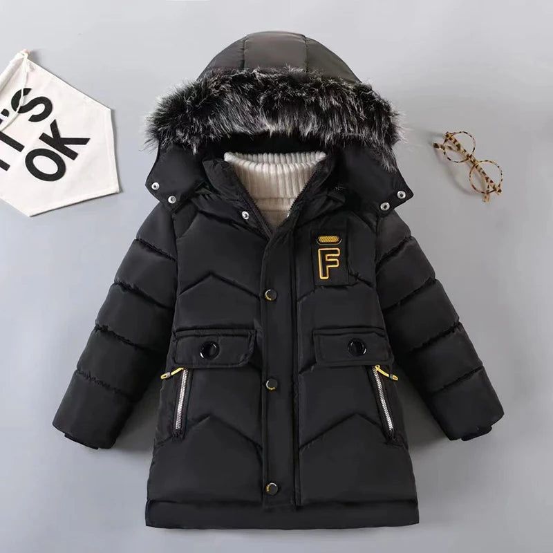 3 4 5 6 8 10 Years Winter Boys Jacket Keep Warm Fashion Fur Collar Boys Outerwear Hooded Zipper Children's Coat New Kids Clothes