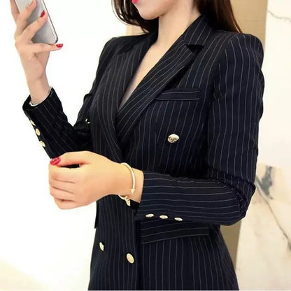 Women's Graceful Casual Blazer Long Pants 2 Piece Set Korean Elegant Stripe Button Coat High Waist Trousers Outfit Work Jacket