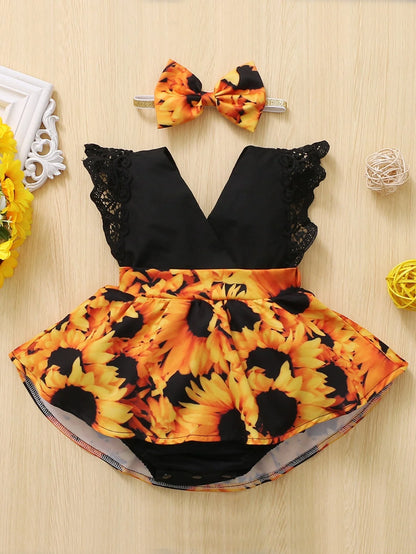 Baby girl black sleeveless lace stitching sunflower print ha-ha dress