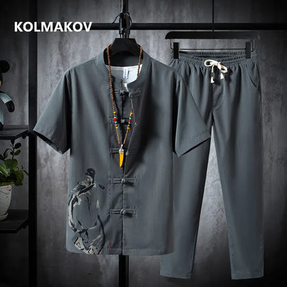 (Shirt + trousers) 2024 summer men shirt printing Man Cotton shirts Short sleeve men's casual shirts elastic waist size M to 5XL