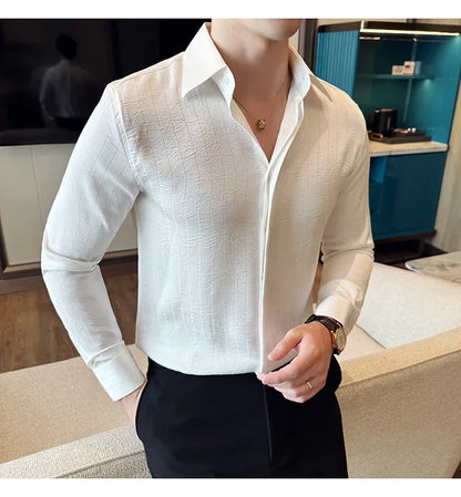 Luxury Korean Pleated Stripe Shirts For Men's High Quality Long Sleeve Slim Fit Casual Shirt Formal Social Party Tuxedo 4XL-M