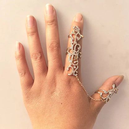 New Fashion Chain Link Ring Full Rhinestone Vintage Flower Double Finger  For Women Girl Party Jewelry Gift Accessories