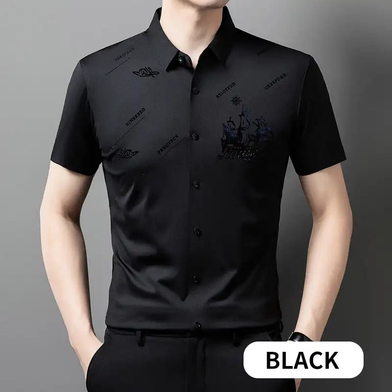 Men's Business Short Sleeves Button Down Shirt Printed High Elastic And Non Ironing Shirt High Level Business Casual Shirt