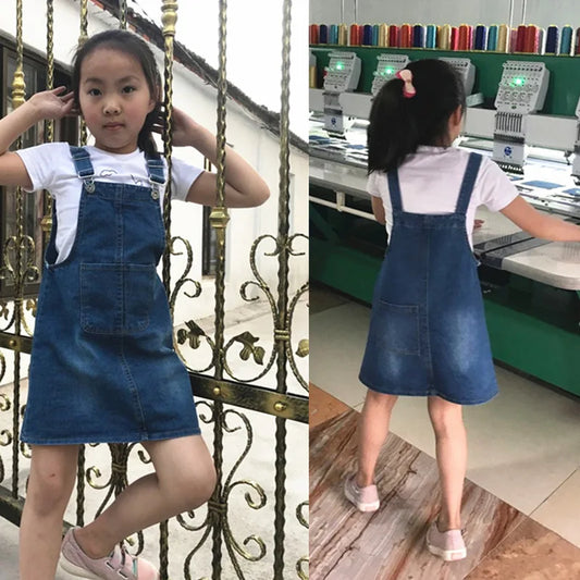 Girls Denim Suspender Skirt 2024 Summer New Cartoon Cotton Suspender Dress Fashion Style Casual Girls Denim Suspender Dress