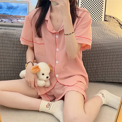 Women's Pajamas New Summer Short Sleeve Soft Sleepwear Set Grid Cartoon Printed Pyjama Woman Home Nightwear Set Cardigan