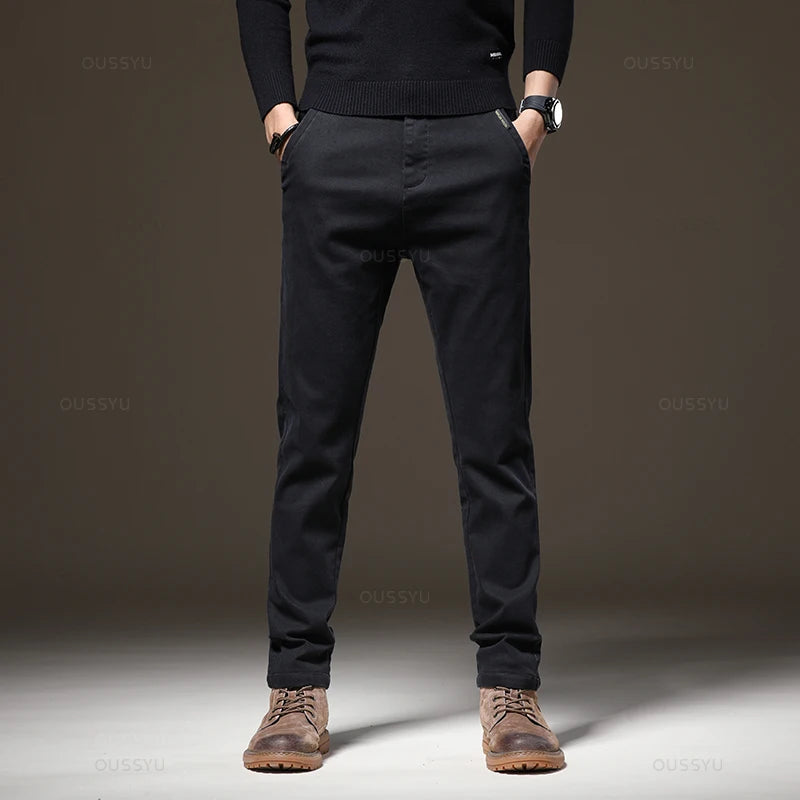 Brand Clothing Winter Fleece Warm Casual Pants Men Cotton Elastic Waist Brown Grey Twill Work Slim Flocking Cargo Trousers Male