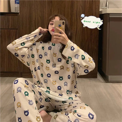 2PCS/Set Women's Clothes Spring and Fall Pajamas Long-Sleeved Cartoon Cute Sweet Floral Young Girl Homewear Outside Loungewear