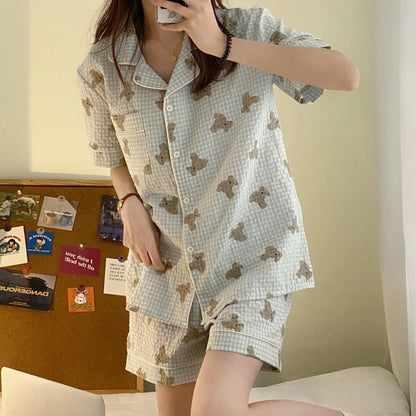 Women's Pajamas New Summer Short Sleeve Soft Sleepwear Set Grid Cartoon Printed Pyjama Woman Home Nightwear Set Cardigan