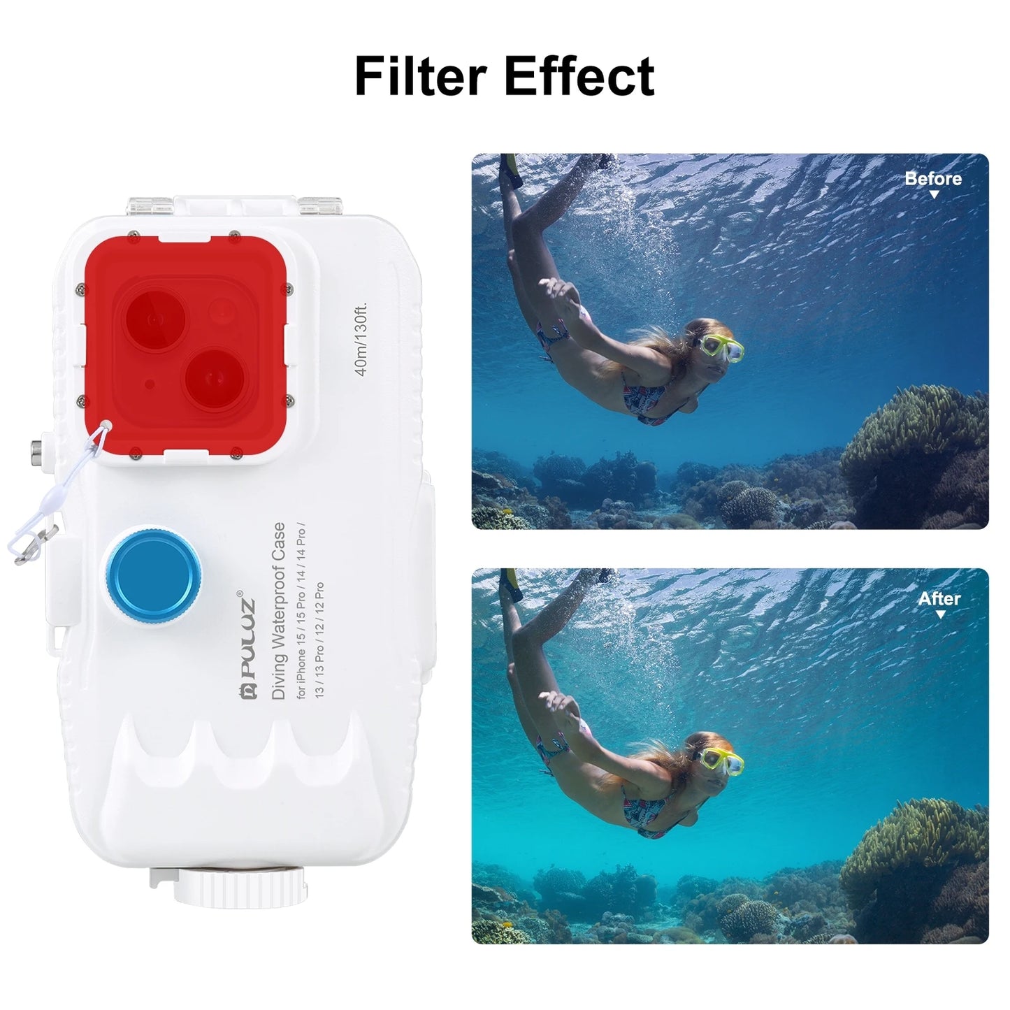 PULUZ 40m/130ft Waterproof Case for iPhone 15 14 Pro Max 15 14 Plus 15 14 13 12 11 Pro Max Diving Housing Underwater Cover