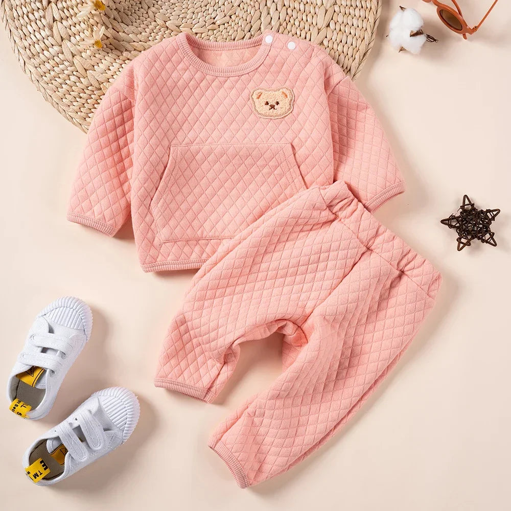 Baby Suit Cartoon Bear Sweater+Pants 2pcs Clothes Sets Newborns Boys Girls Cute Solid Sweatshirt Outfits 0-24M