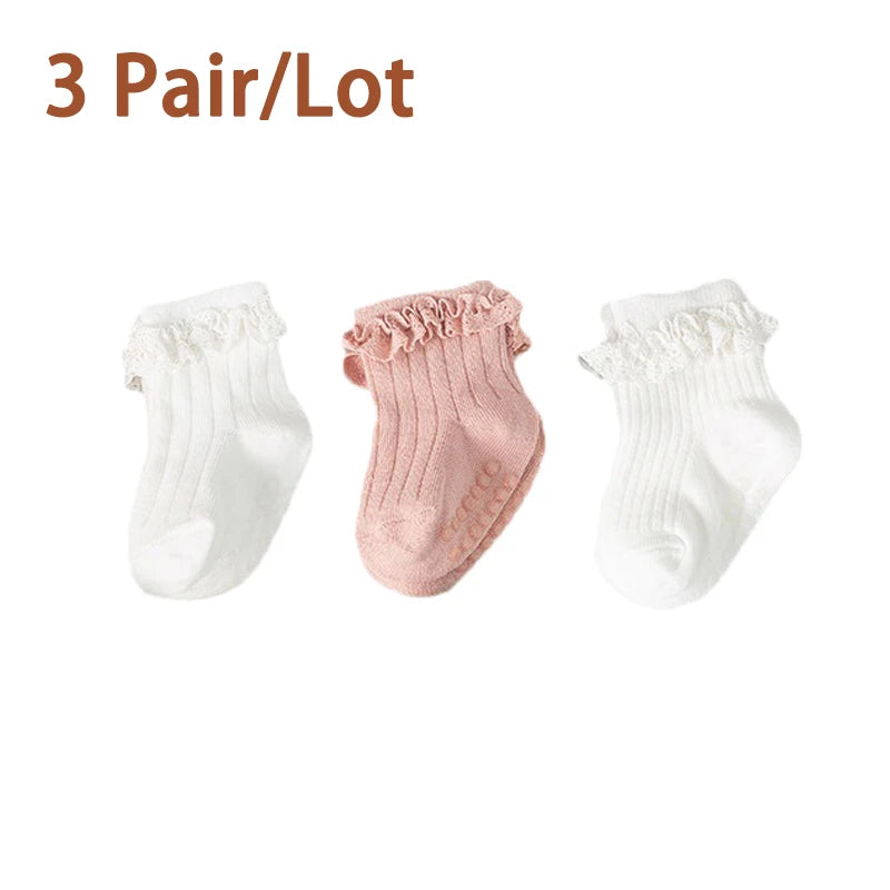 3/5Pair/Lot New Baby Children's Non-slip Autumn Winter Cotton Socks Solid Color Baby Foot Socks Girls Breathable Ruffled Socks