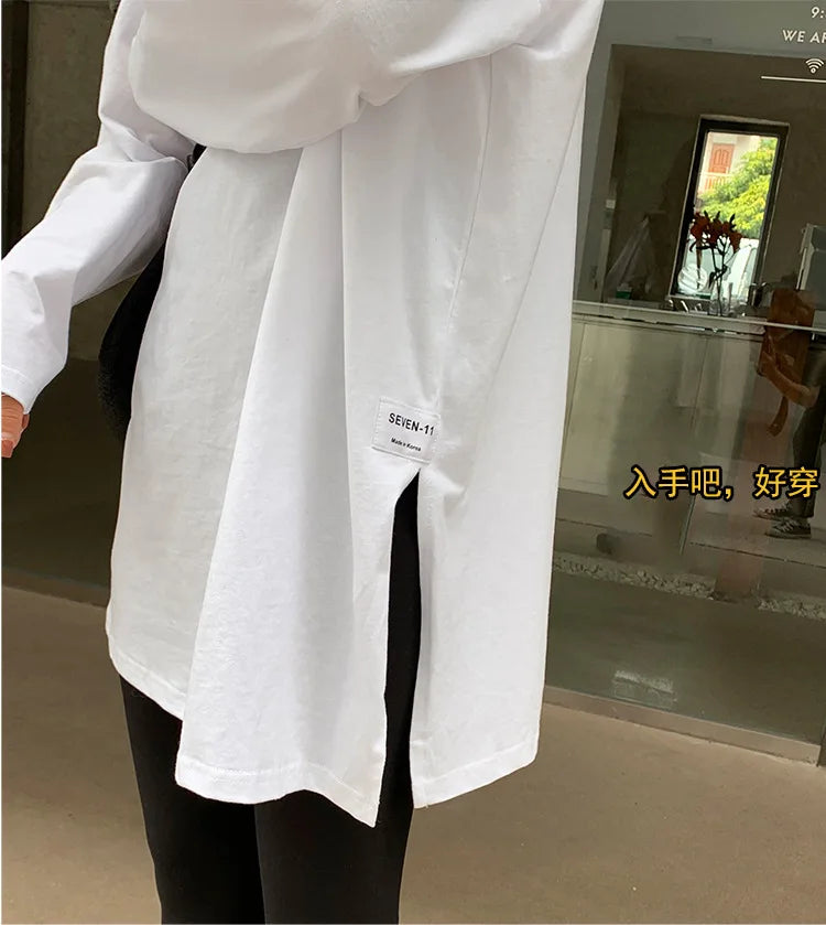 Women's Solid Color Split Long-Sleeved T-Shirt 2024 Korean Spring And Autumn New Ladies Casual Loose Tops Bottoming White Shirts