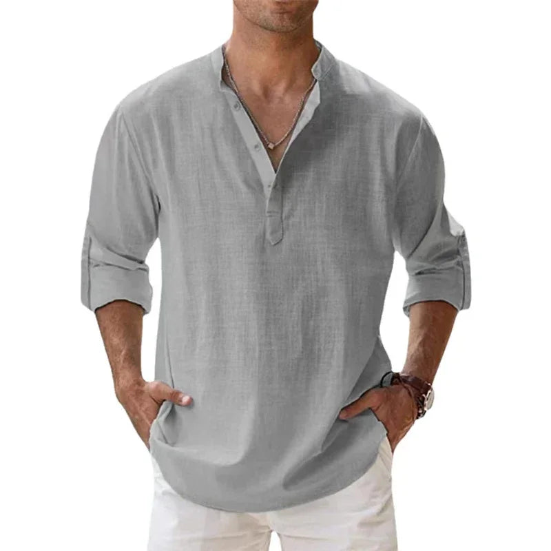 New Men's Linen Long Sleeve T-Shirts Breathable Shirt Solid Color Casual Basic Cotton Linen Shirt Tops