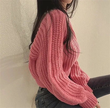 Loose Vintage Harajuku Lantern Long Sleeve Women Sweater Korean Autumn Winter Knitwear Soft Warm Tops Chic Solid Femme Sweater