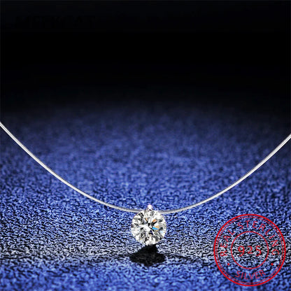 925 Sterling Silver 1ct D VVS1 Diamond with GRA Moissanite Fishing Line Pendant Necklace for Women Sparkling Fine Jewelry