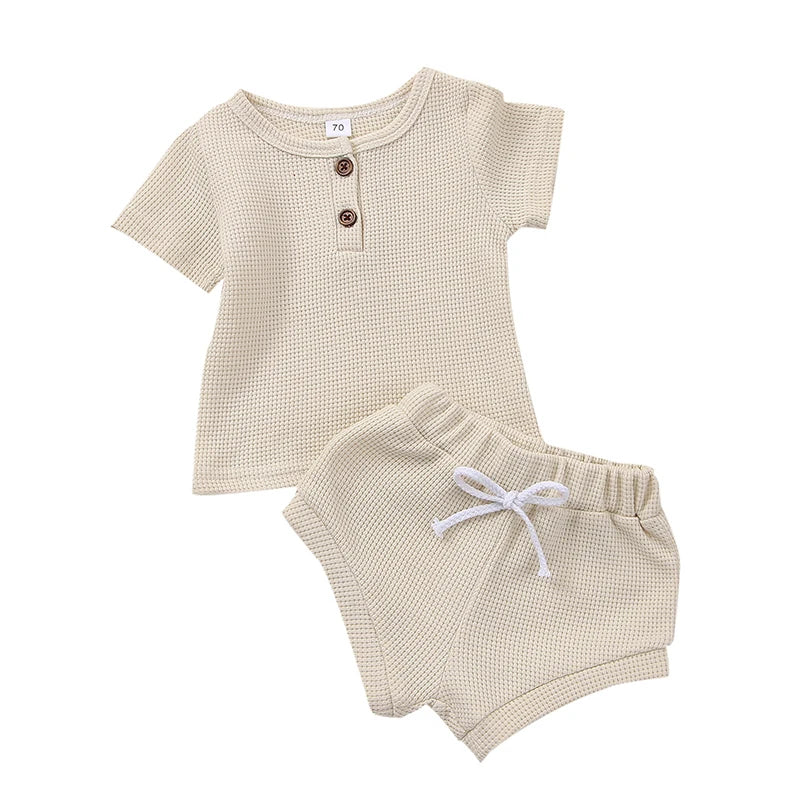 Cotton Casual Summer Newborn Baby Boys Girls Outfits Suit Ribbed Knitted Short Sleeve T-shirts Tops+Shorts 2Pcs Kids Tracksuits