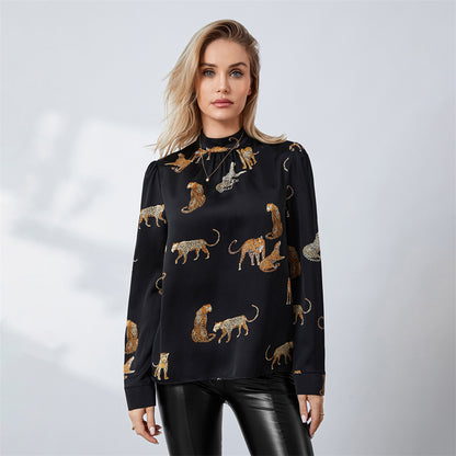 wsevypp Women's Spring Autumn Blouses Retro Leopard Print Long Sleeve Mock Neck Pullover Tops OL Business Basic Shirts